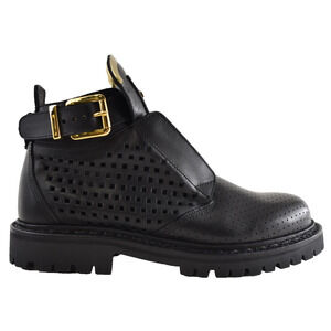 Balmain King Taiga Ranger Black Leather Perforated Gold Biker Moto Short Boot 36